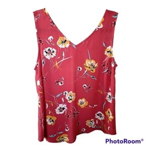 Maurices Summer Sheer Red Floral Sleeveless V neck Blouse Shell Size S